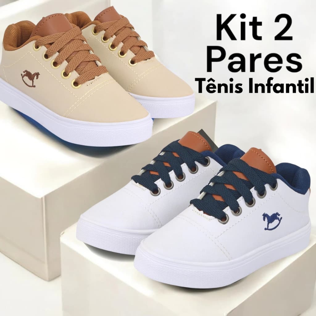Kit 2 Pares Tênis Infantil Pagem Baby Menino Criança Escolar Ultra Confort Branco e Bege