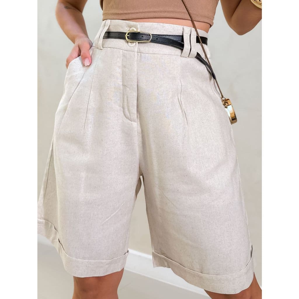 EMILI Short Bermuda Linho Dobrar Plissado Bolso Bermuda Feminina com Cinto/ Detalhe Passante-9379