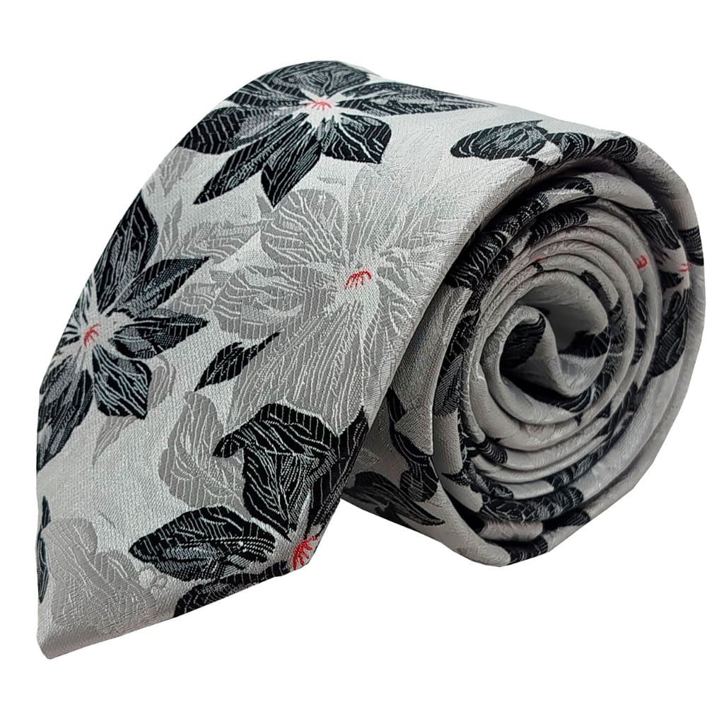 Gravata Semi Slim Bordada Cinza Floral Premium