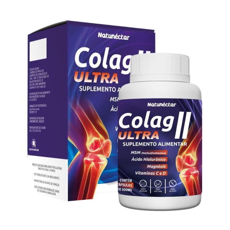 Colágeno Tipo 2 II ULTRA MSM Ácido Hialurônico Magnésio Vitamina C e D 60 Caps Articulações Coluna
