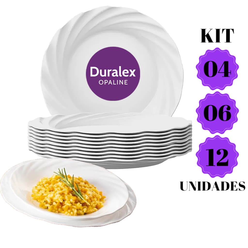 Conjunto  12 / 06 / 04  Pratos Fundo Jasmim Duralex Nadir Vidro Opaline Branco Detalhado 23,5cm
