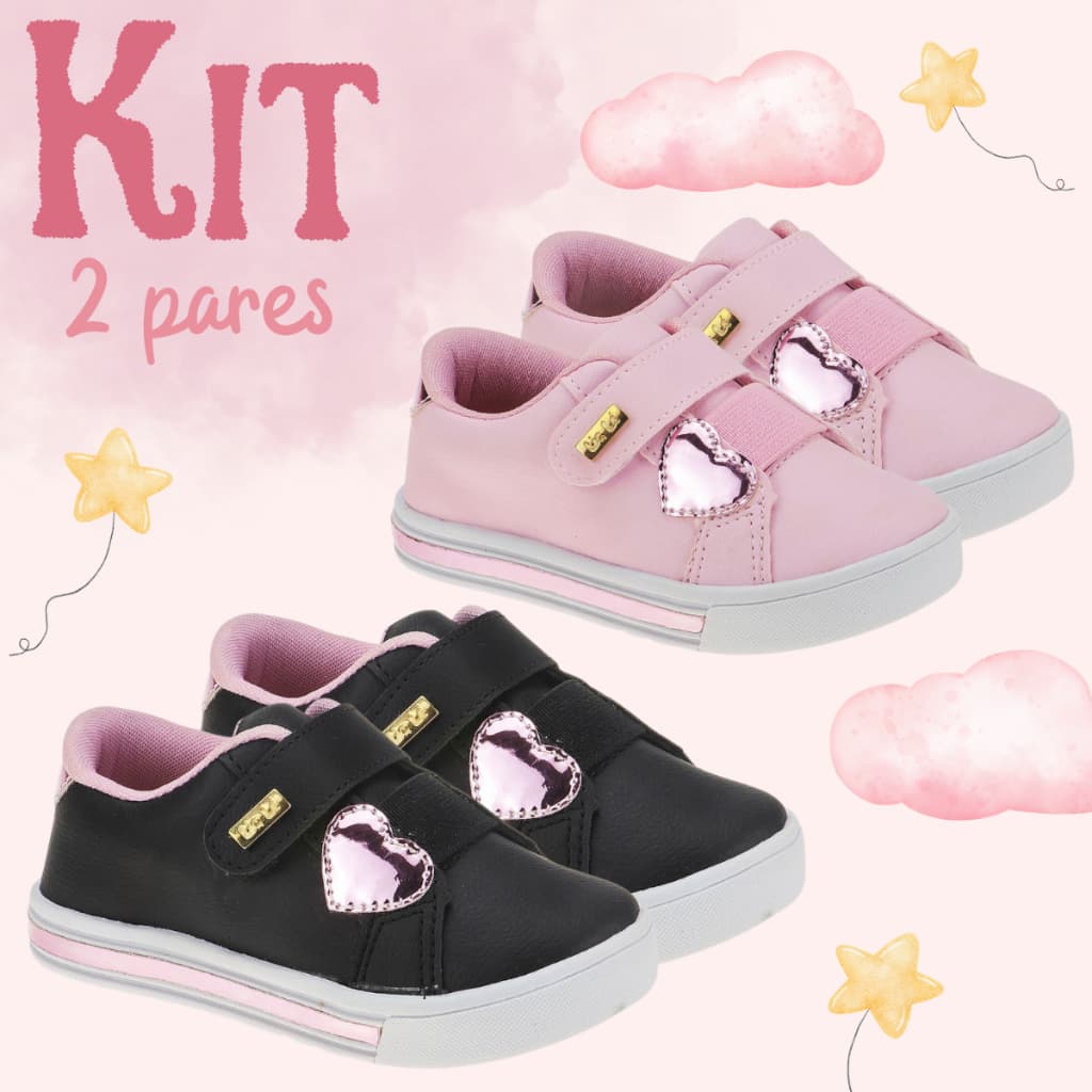 Kit 2 Pares Tênis Infantil Menina Coração Metalizado Confortável Casual Escolar Blogueirinha Moda