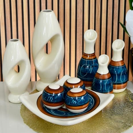 Enfeite 9 Peças Decorativo Kit Vaso Cerâmica Rack Sala Conjunto Completo Trio Casa Centro Mesa Dupla