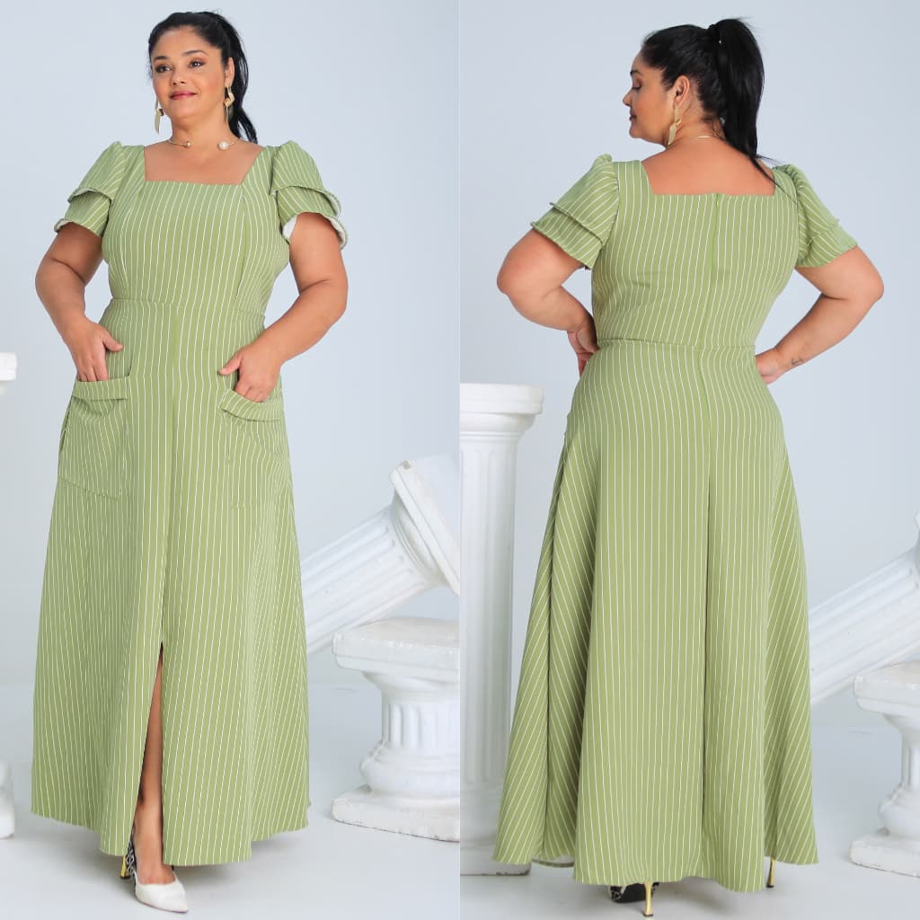 Vestido Longo Alfaiataria Listrado – Elegância e Conforto Plus Size