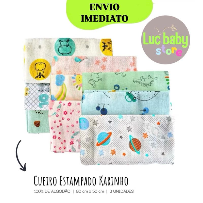 Kit Cueiro Bebê Manta Estampada e Flanelada 3 unidades 80cm x 50cm 100% Algodão Papi