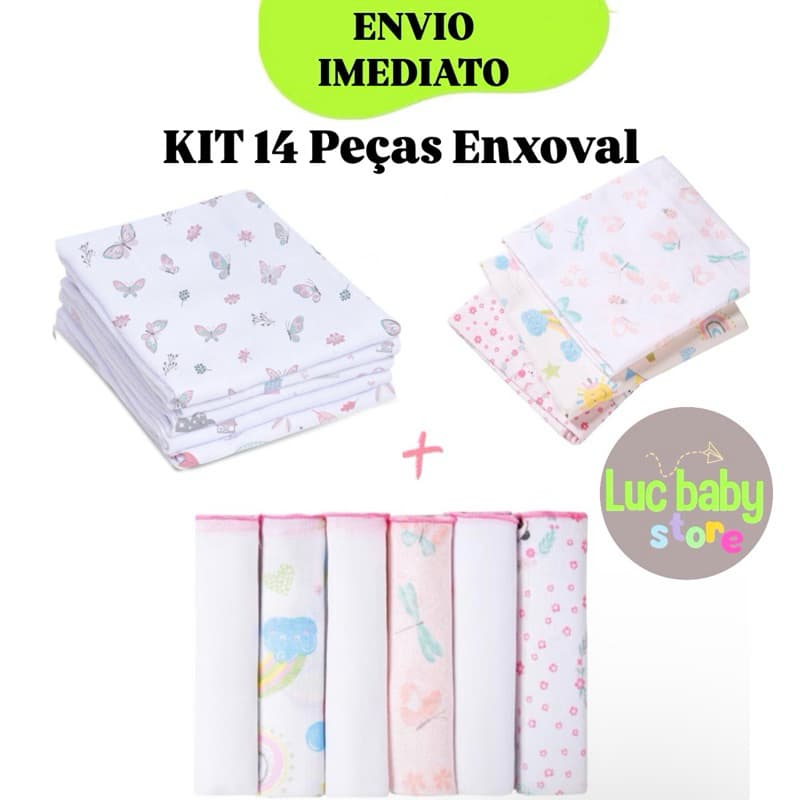 Kit 14 Peças Enxoval Bebê 3 Cueiros 6 Paninhos de Boca e 5 Fraldas 100% Algodão Papi Karinho