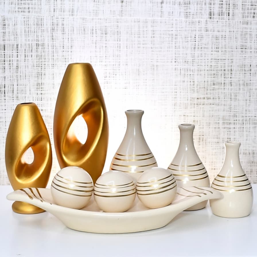 Enfeite 9 Vasos Peça Decorativo Kit Cerâmica Rack Sala Conjunto Completo Trio Casa Centro Mesa Dupla