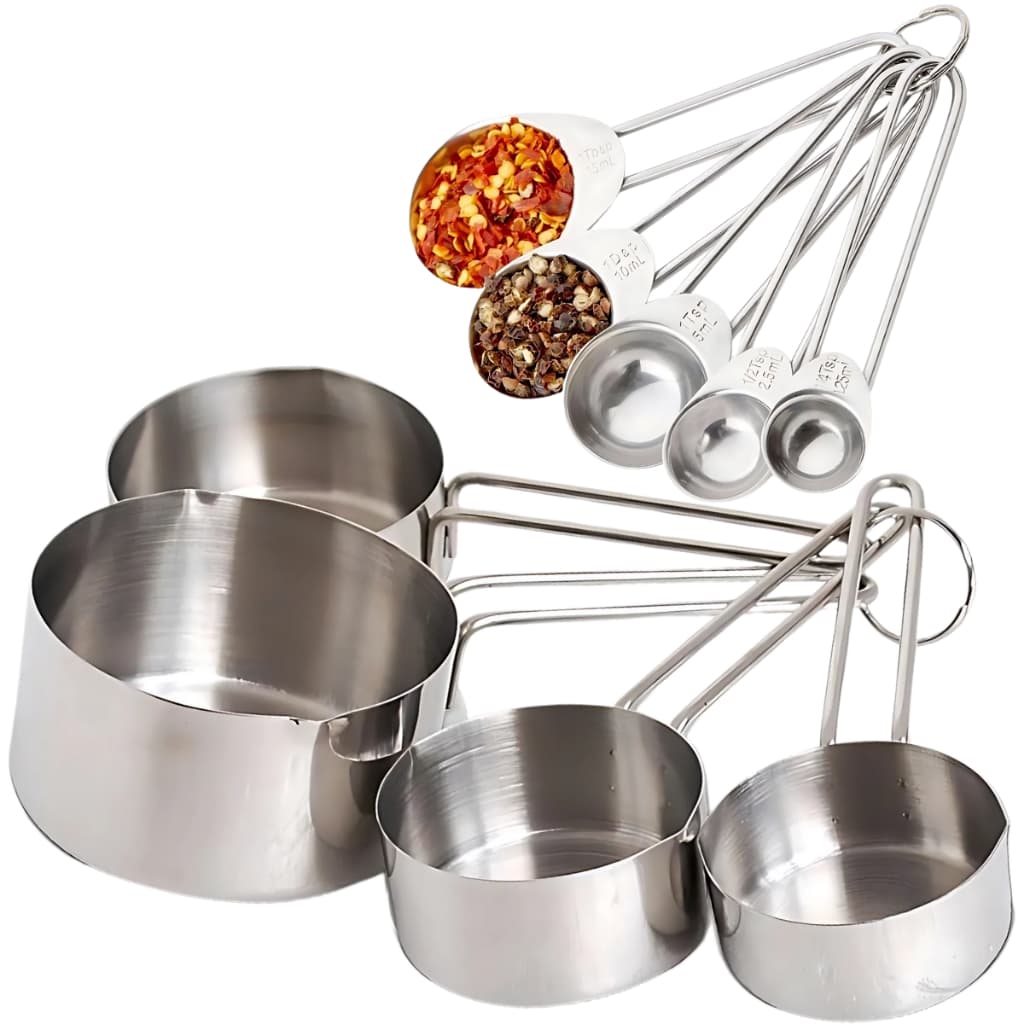 Kit Completo de 9 Medidores Profissionais Aço Inox p/ Cozinha e Restaurante – 5 Colheres Medidoras + 4 Copos Medidores