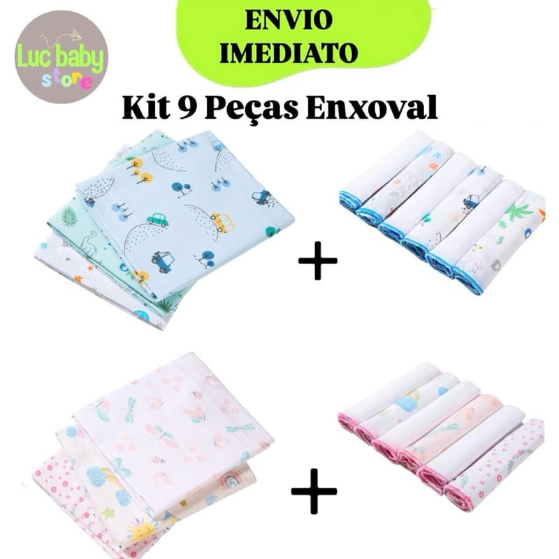 Kit Enxoval Bebê 9 Peças Paninho de Boca 30x30 e Cueiro 80x50