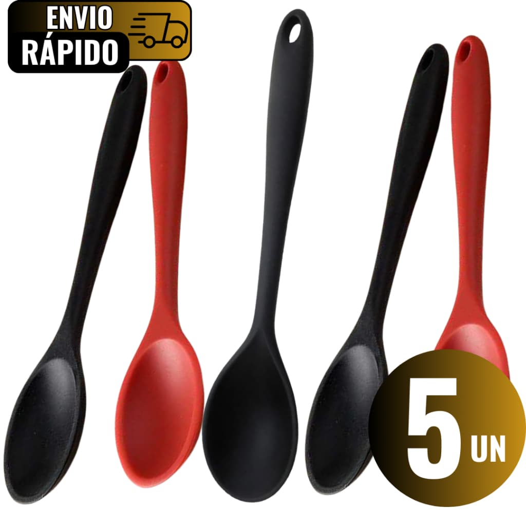 Conjunto 5 Colheres Redondas de Silicone Grande Vemelho E Preto Refeições Restaurante Lanchonete Bar