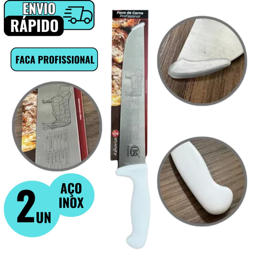 Kit 2 Facas de Carne Profissional Em Aço Inox 38cm 10" Para Churrascos Açougues Corte Perfeito