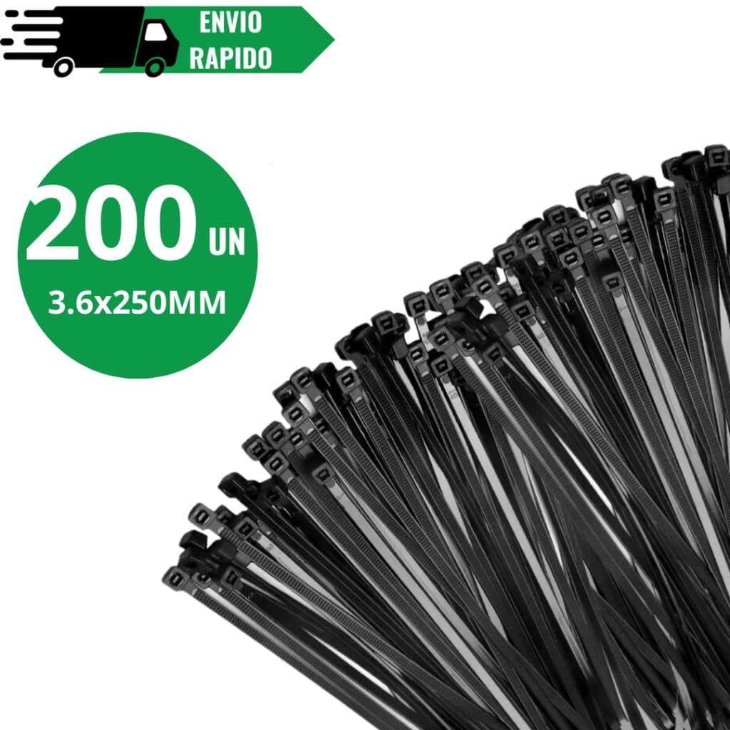 Abraçadeira Enforca Gato de Nylon 3,6mm x 250mm Pacote 200 Unidades Cintas Plásticas 25cm Preto Fita