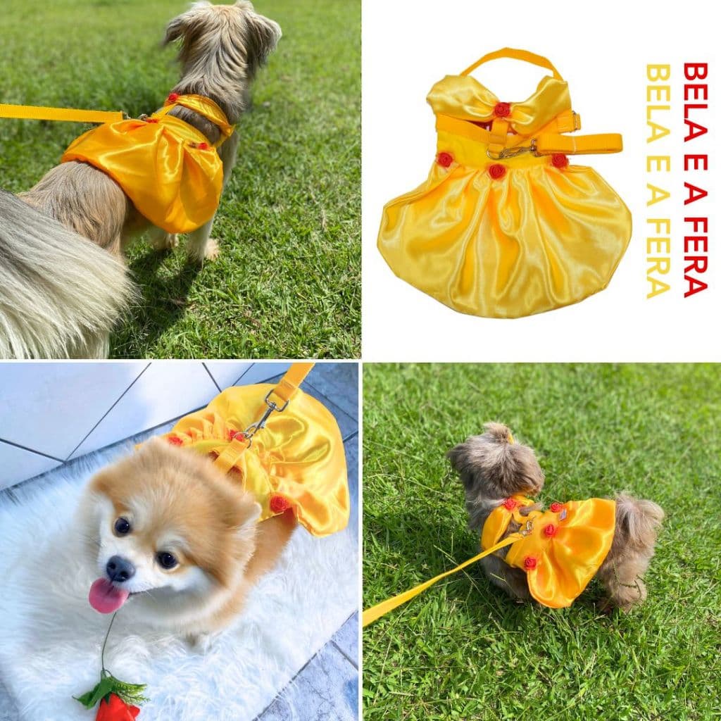 Roupa Peitoral vestido personagens Pet Carnaval Temático com guia coleira Bela e a fera