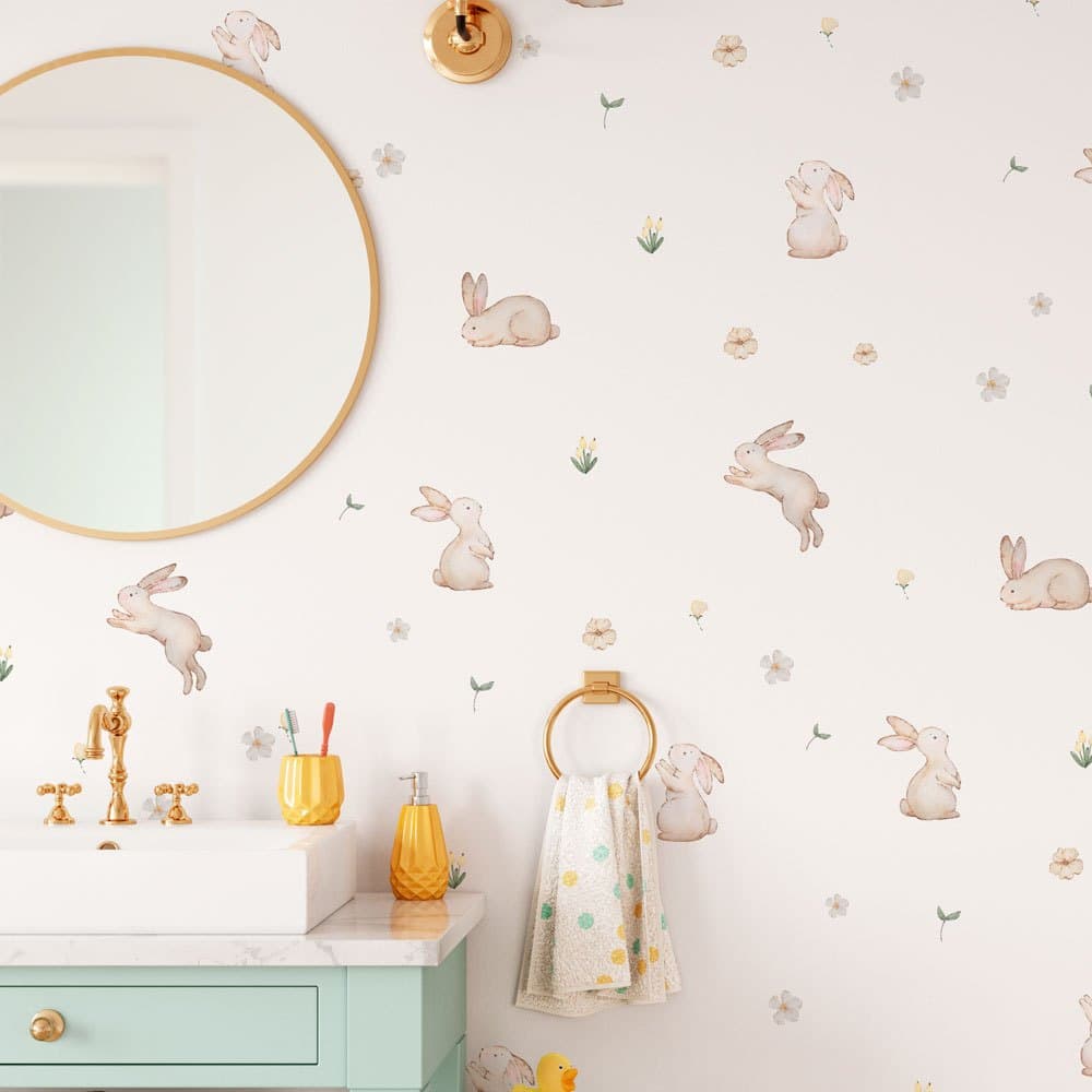 Adesivos de Parede Infantil Aquarela Coelhos e Flores