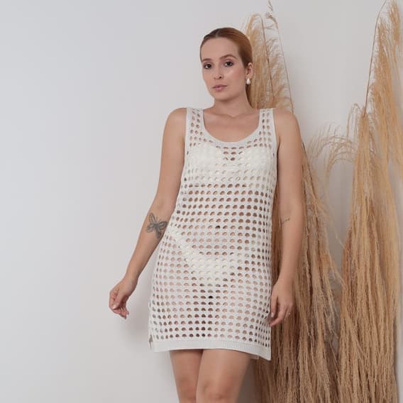 Saída de Praia Vestido Curto Rendada Tricot moda verão