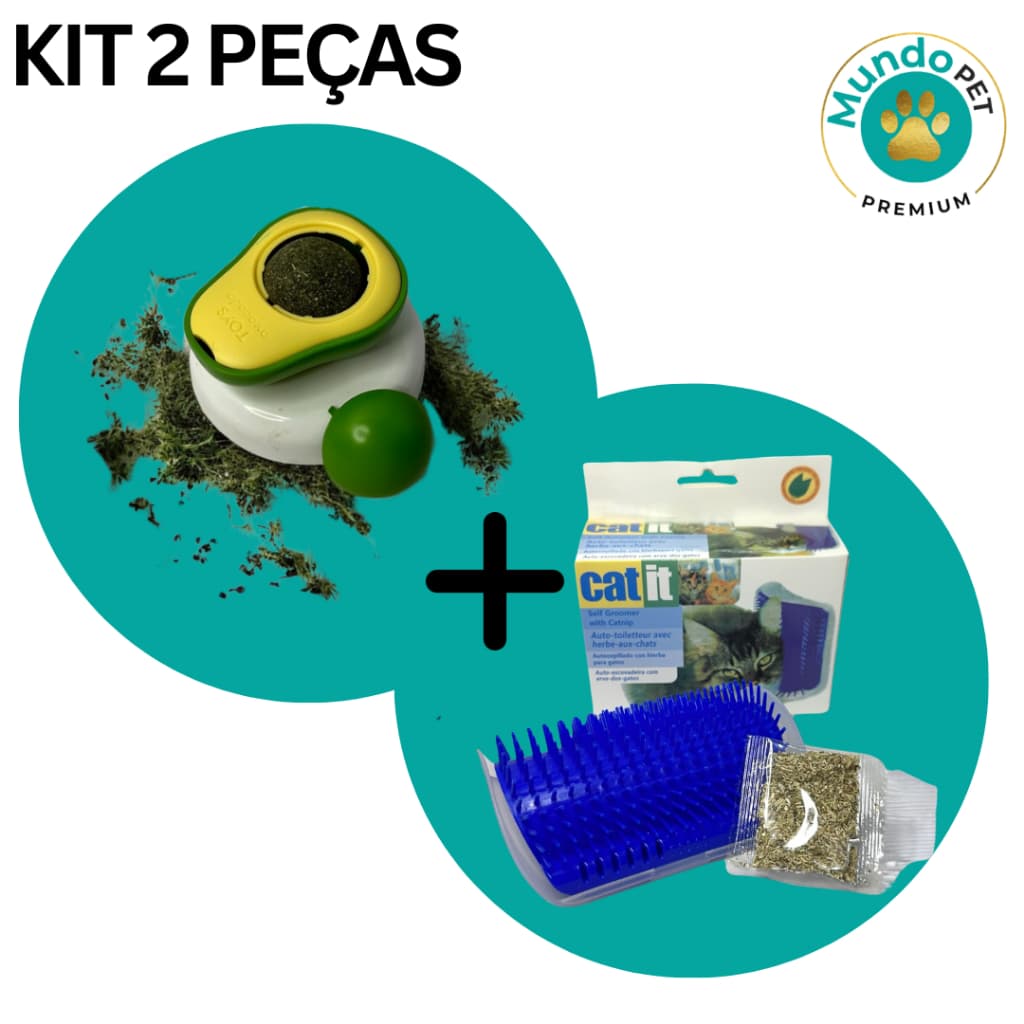 Kit 2 Brinquedos para Gato Interativo Pet Abacate com Catnip e Escova Massageadora de Parede
