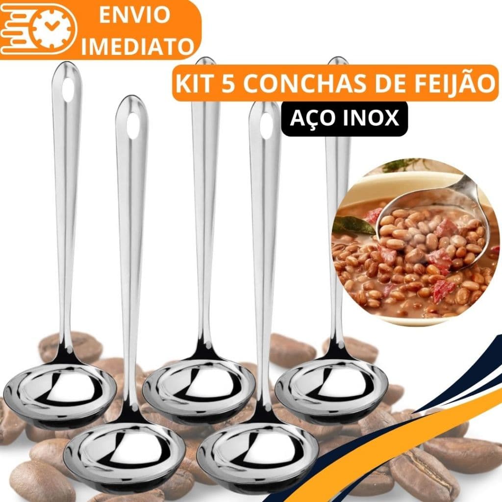 KIT 5 Concha de Feijão Aço Inox GRANDE Super Resistente para Servir Molho Feijão Sopa Caldo para Casa Restaurante