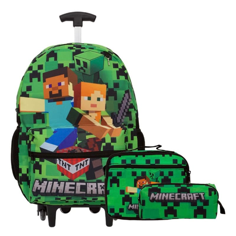 Kit Escolar  Minecraft Games Mochila Rodinhas TAM G Lancheira Térmica e Estojo