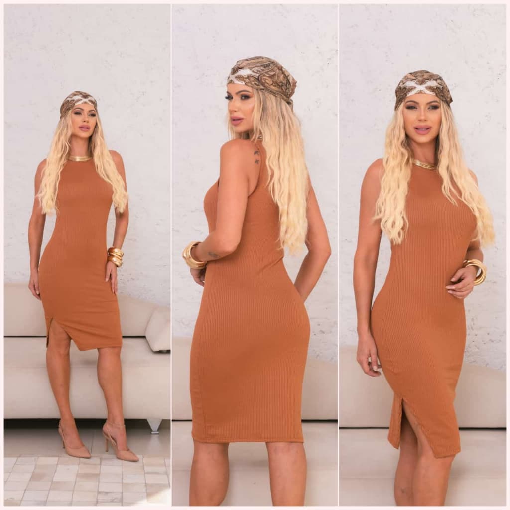 Vestido Casual  Midi Canelado Regata Fenda Lateral
