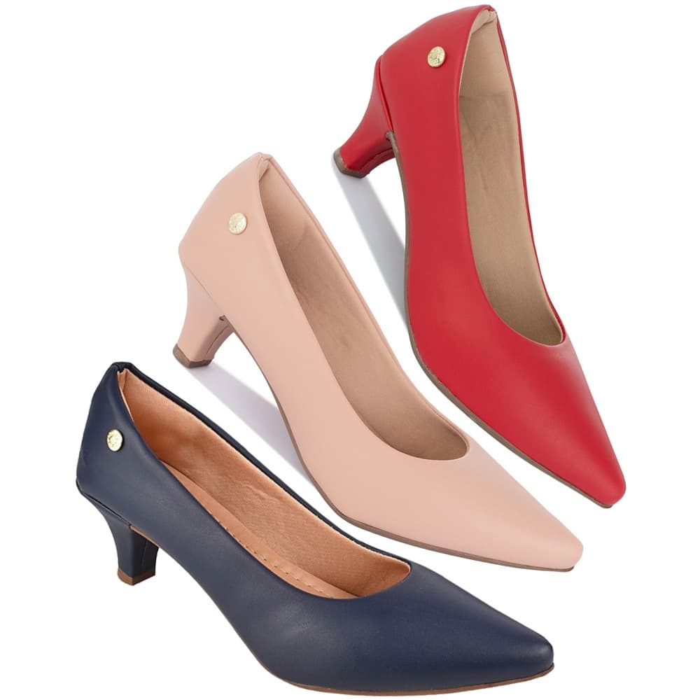 Kit 03 Pares de Sapatos Scarpin Feminino Sapato Social Salto Fino Baixo Bico Fino Confortável Vermelho/Nude/Marinho