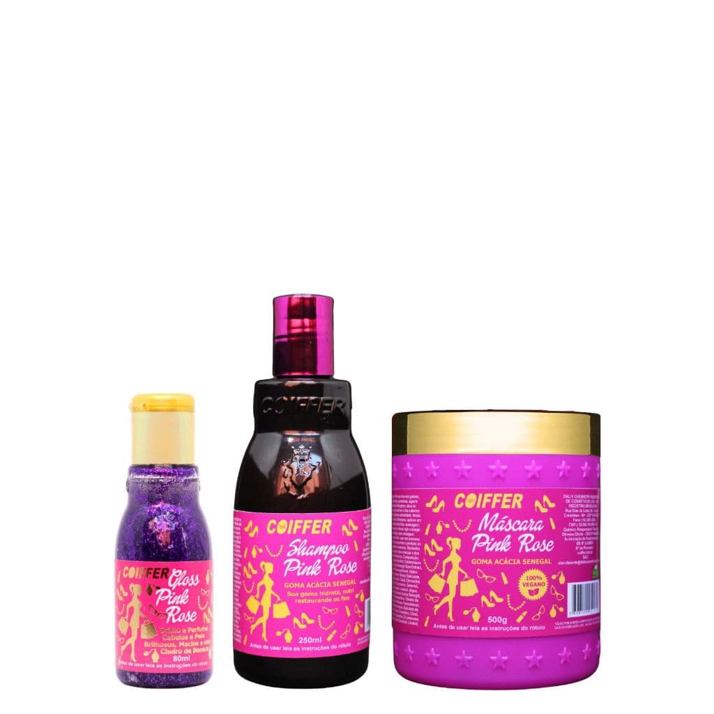 KIT PINK ROSE HIDRATAÇÃO, NUTRIÇÃO,UMECTAÇÃO E RESTAURAÇÃO COIFFER C/3