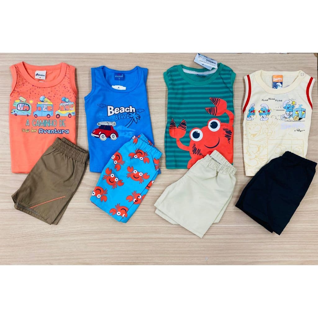 Kit 4 conjuntos infantis ( 8 peças) por verão varias cores confortavel com bermudas kids