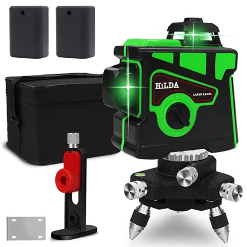 Nível a Laser 12 Linhas Verde 2 Baterias HILDA 3D 360 Graus Recarregável Esquadro Laser