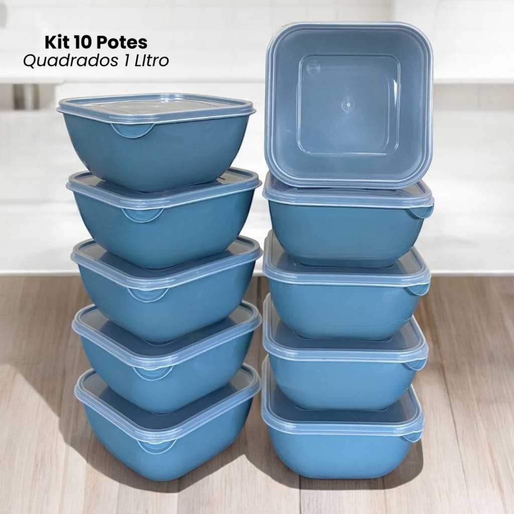 Kit 10 Potes Quadrados Tapoer Marmita com Tampa Transparente