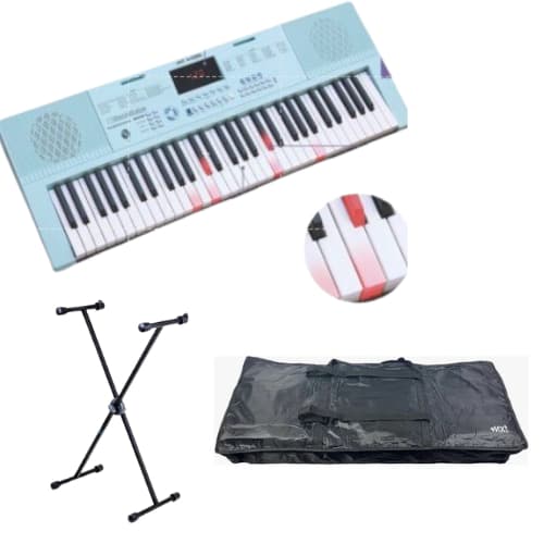 Teclado musical 61 teclas 5/8 Azul com teclas luminosas + capa + suporte de teclado em x