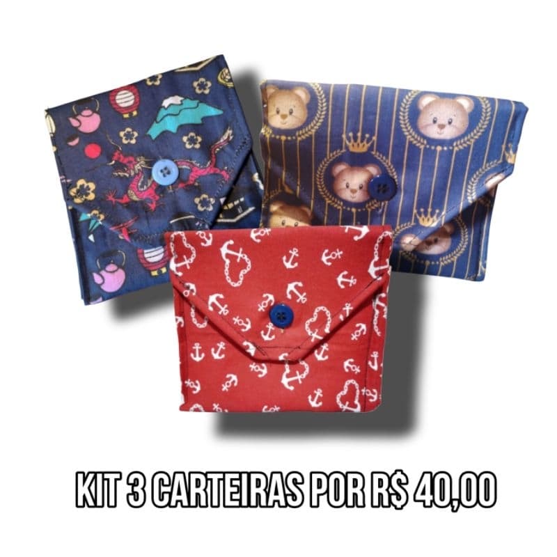 KIT 3 CARTEIRAS DE TECIDO ESTAMPADO UNISSEX