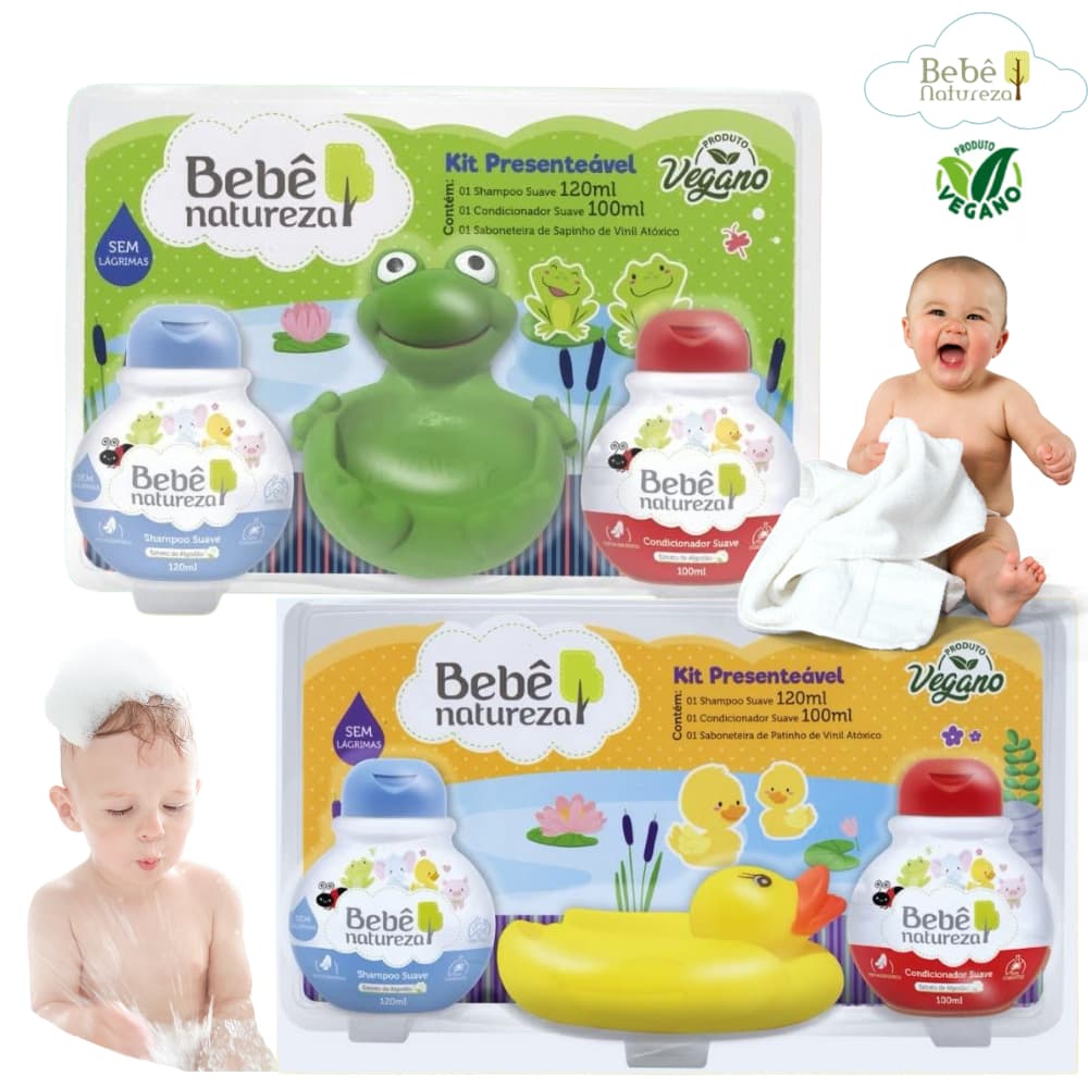 Shampoo Condicionador Bebê Natureza Vegano Kit Banho Sem Lágrima Saboneteira de Sapinho Patinho