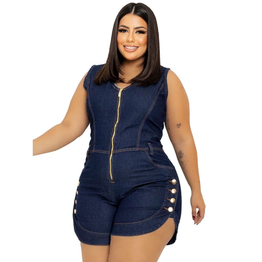 Macaquinho Jeans Feminino Plus Size Curto Regata com Lycra