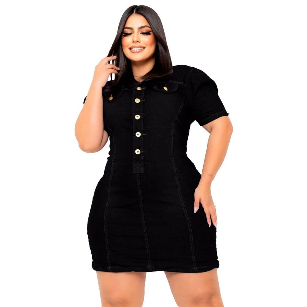 Vestido Jeans Plus Size Feminino Mangas Bufantes com Lycra