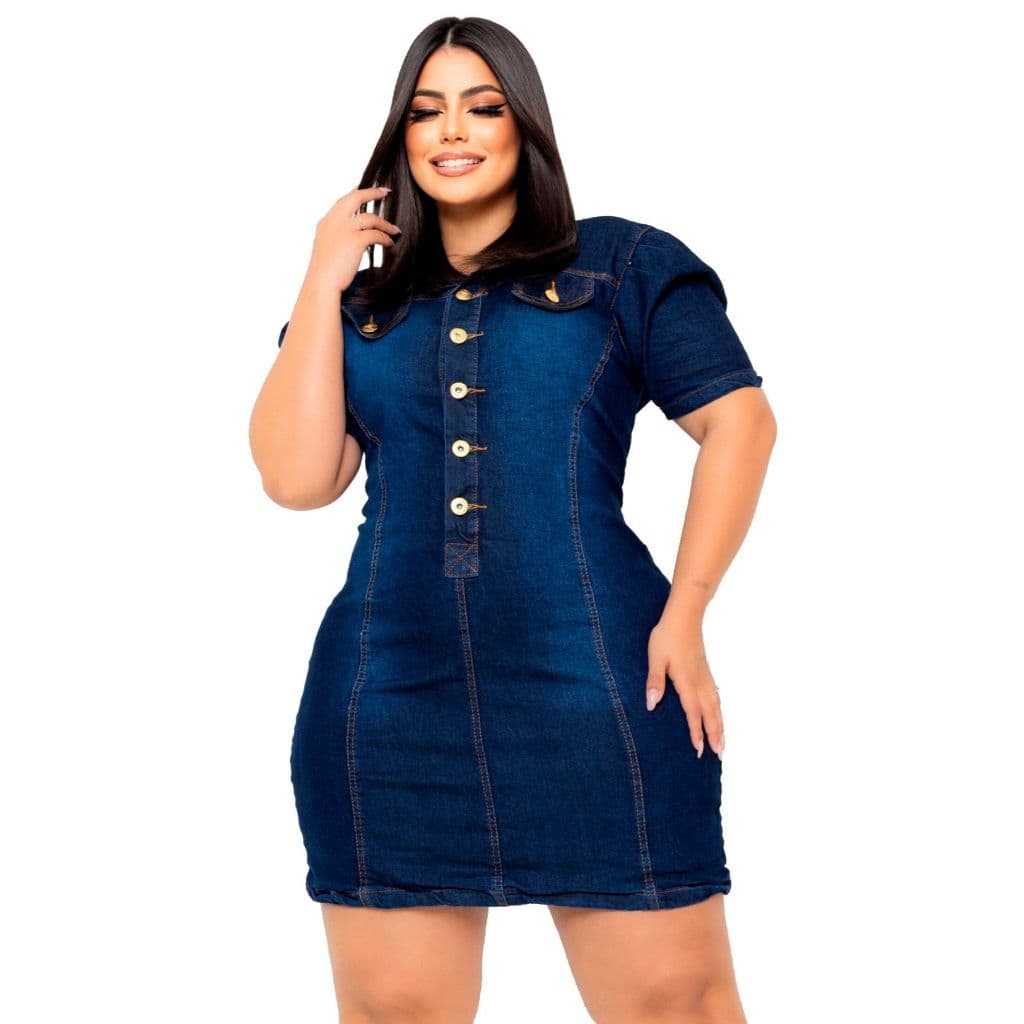 Vestido Plus Size Jeans Feminino com Mangas Bufantes e Lycra