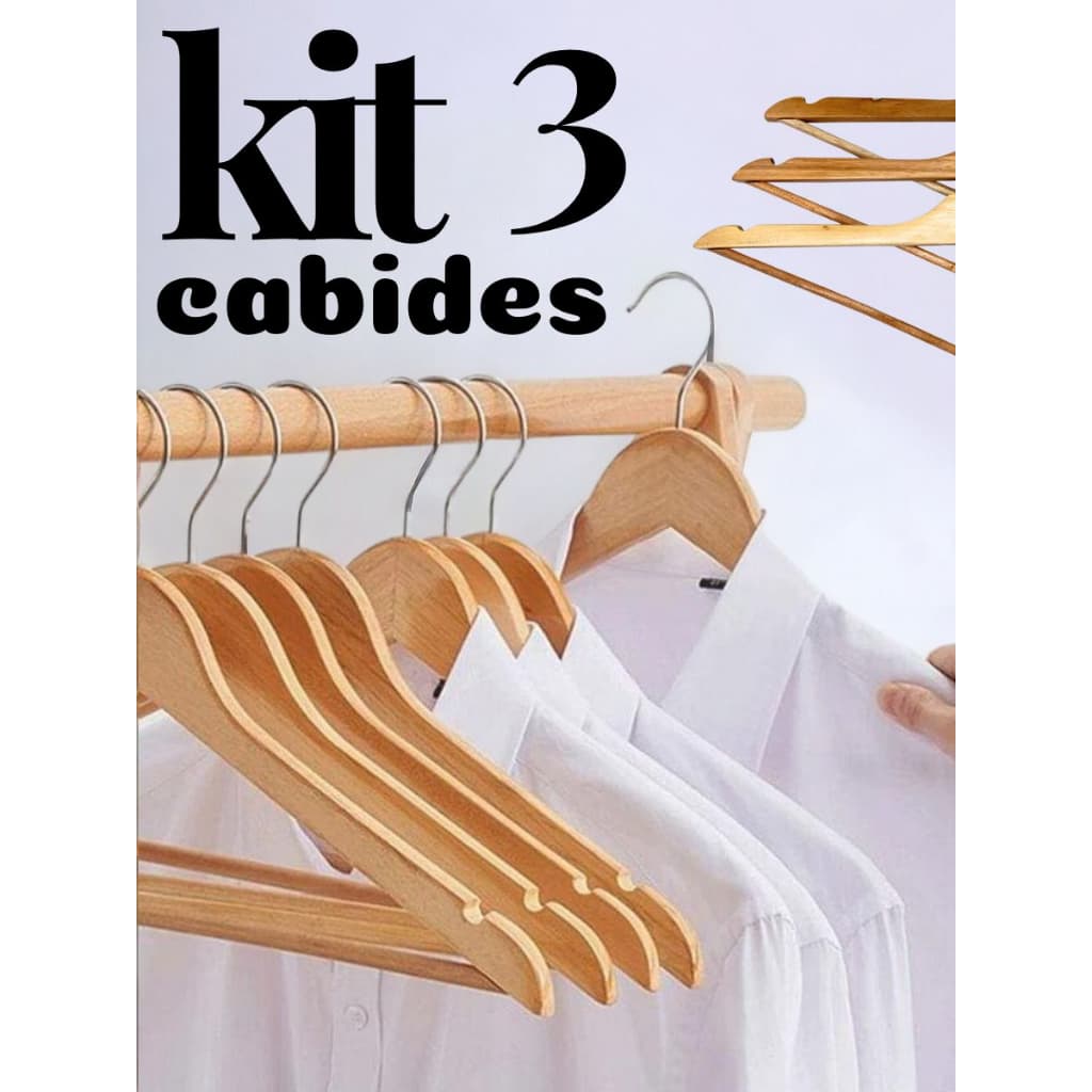 Kit 3 Unidades Cabide De Madeira Marfim com Verniz  para Roupas varejo atacado