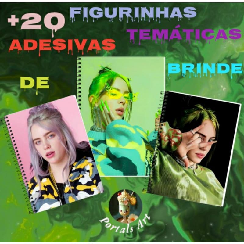 Caderno Billie Eilish A4 + 20 figurinhas adesivas temáticas de brinde