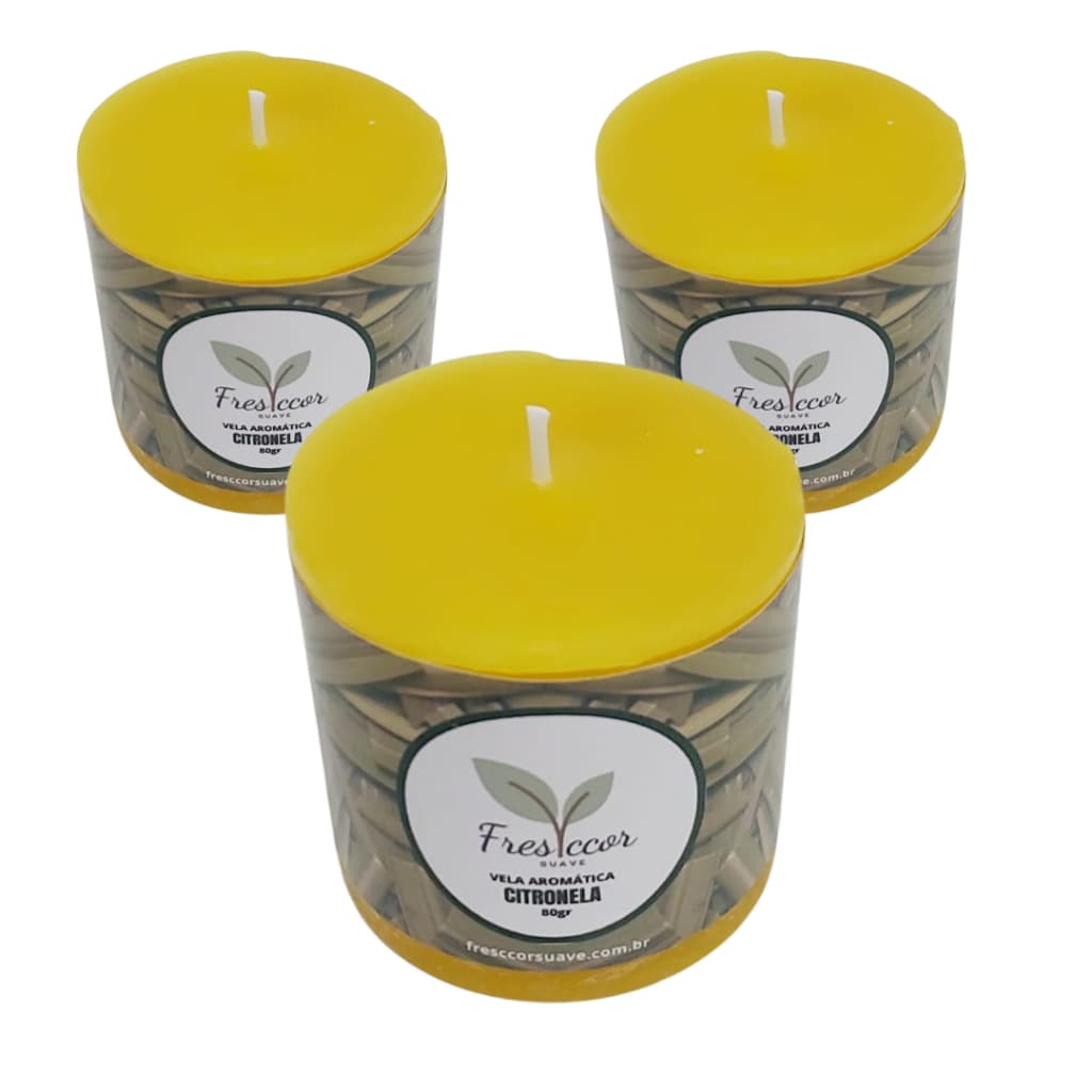 Kit com 3 Velas Aromáticas de Citronela – Repelente Artesanal com Aroma Refrescante (80g Cada)