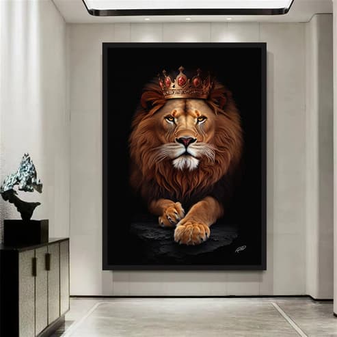 Quadro Decorativo  Leão com coroa Luxo Casa Decoração De Parede 110x80cm