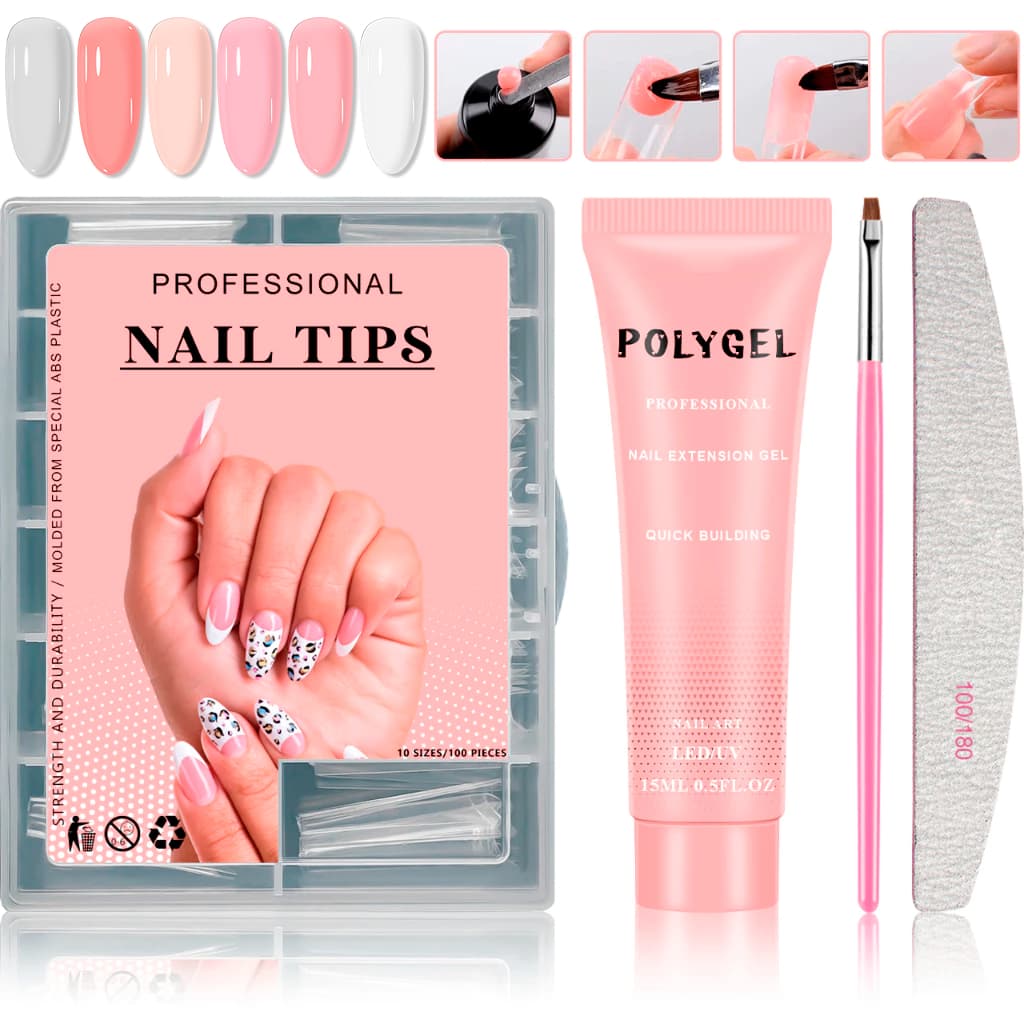 Kit Polygel Alongamento De Unha Molde F1 + Lixa + Poligel + Pincel Alongamento Unhas