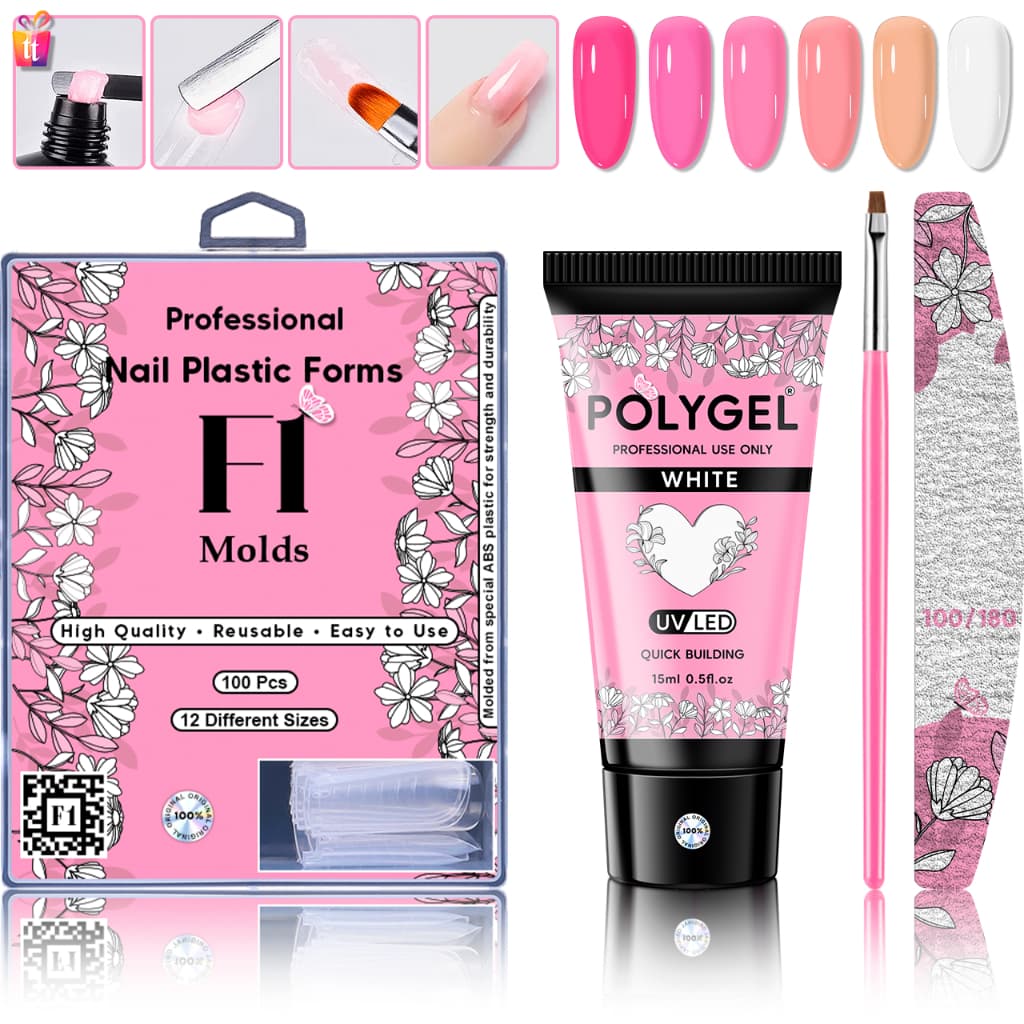 Kit Alongamento Poligel Polygel + Molde F1 + Lixa de Unha + Pincel De Aplicação para Unhas
