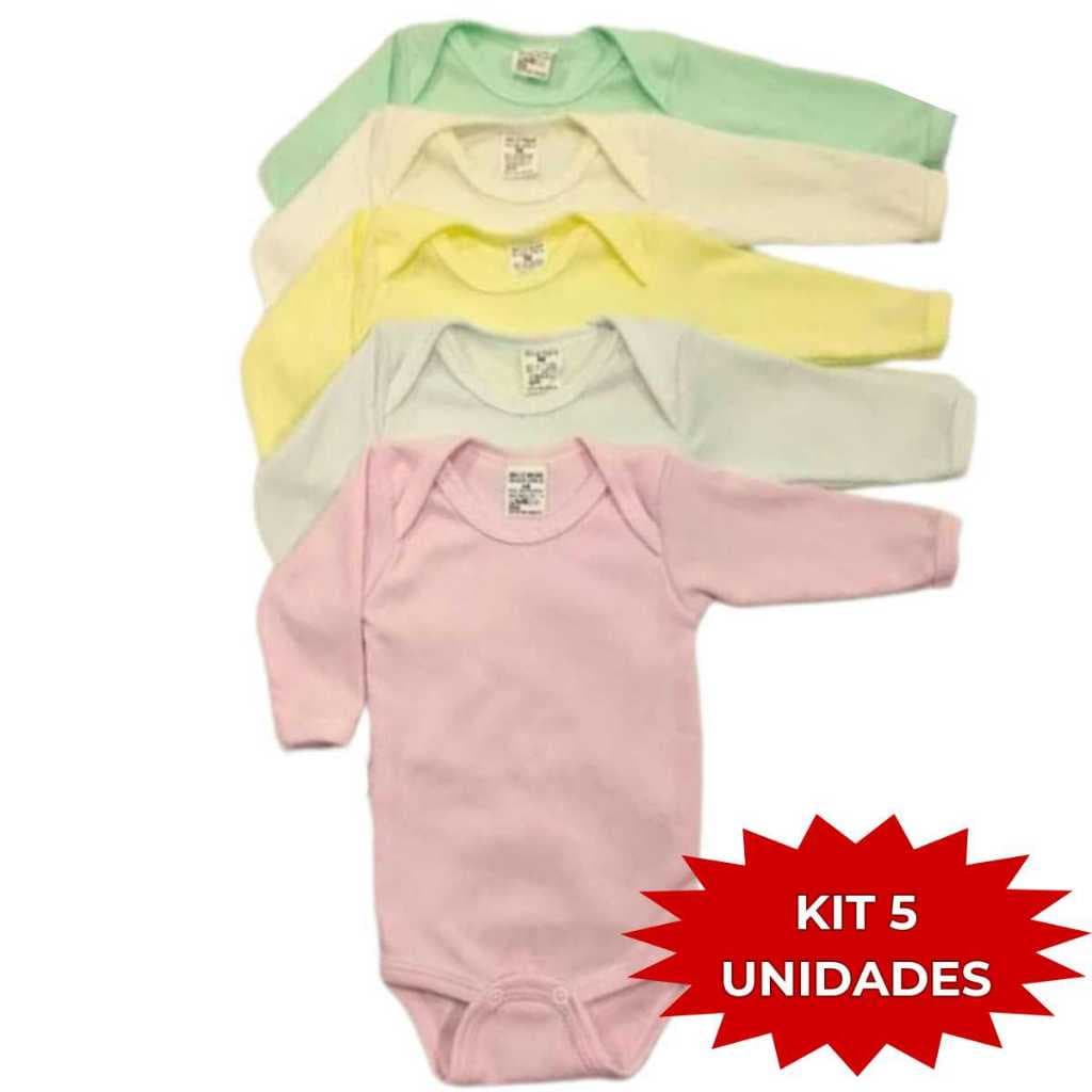 Kit 5 Body Liso Manga Longa Enxoval Bebê 100% Algodão Suedine