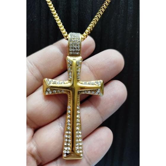 Cordão com Cruz Crucifixo Cravejado em Aço Inox