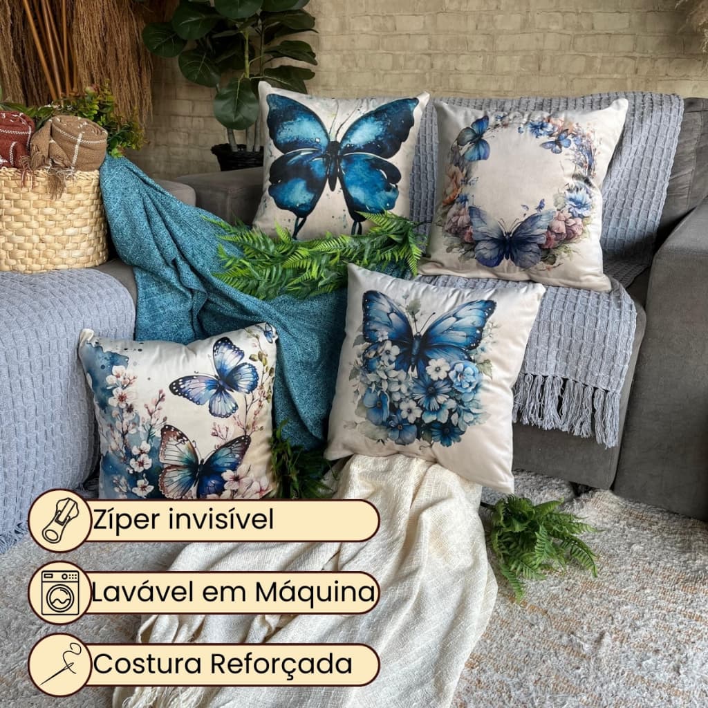 Capas de Almofada 45x45cm Kit com 4 Unidades Decorativas de Veludo de Borboleta Azul Delicada para Sofá e Cama