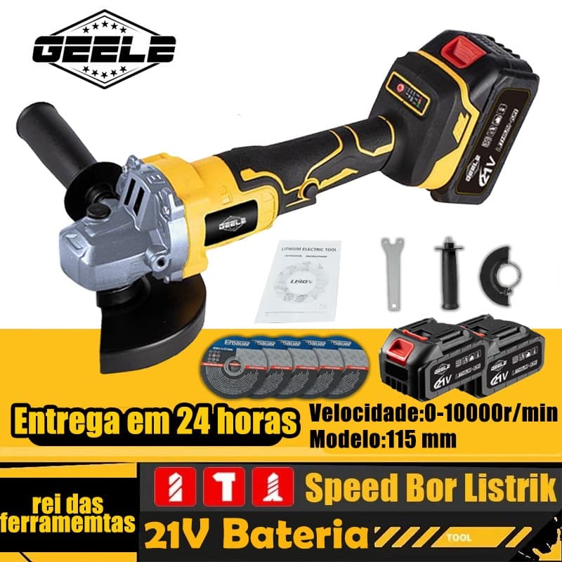 Politriz/lixadeira Esmerilhadeira Lixadeira/ rebolo Angular 820watts 115mm 4.1/2 10000rpm 21V-Bateria de lítio GEELE