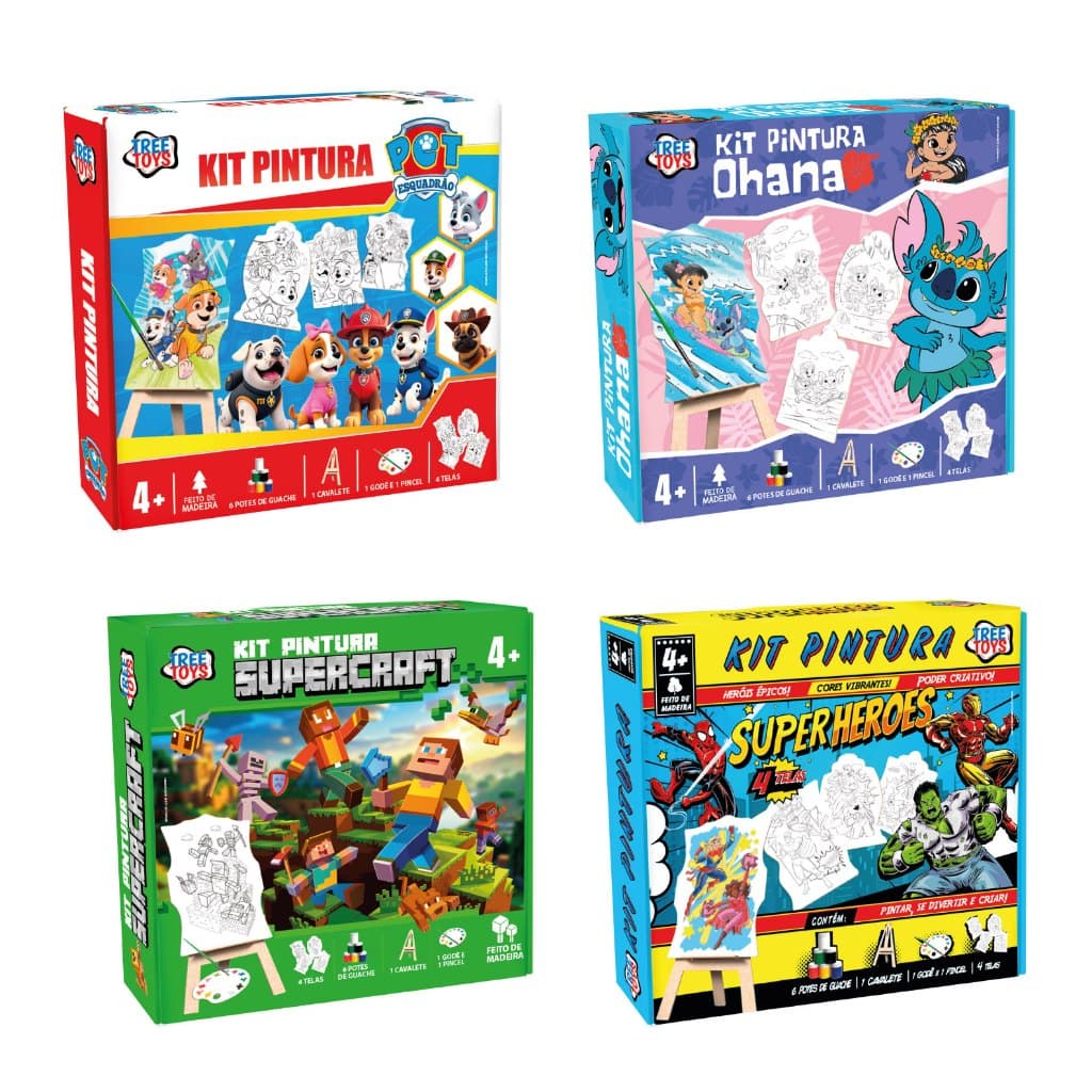 Super Kit Pintura - Criança Com 4 Telas Cavalete + 6 Tintas - Tree Toys