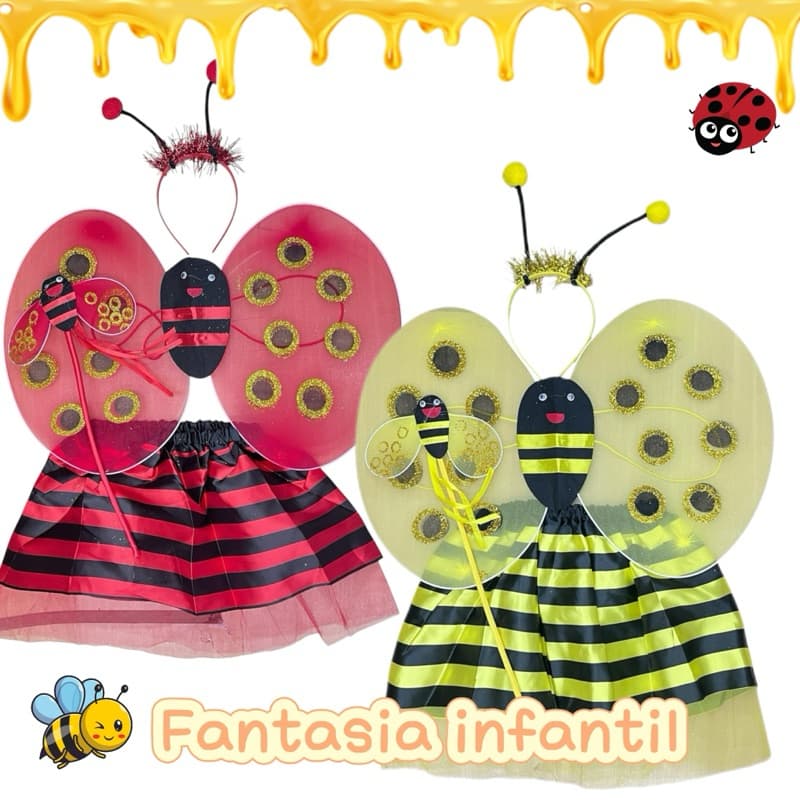 kit fantasia abelha e joaninha infantil saia +tiara+varinha+asa