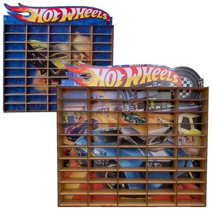 Kit Dois Expositor Hotwheels Porta Carrinhos Stand Coleção 50 Nichos Azul e Colorido Novo Estante Mdf Adesivado
