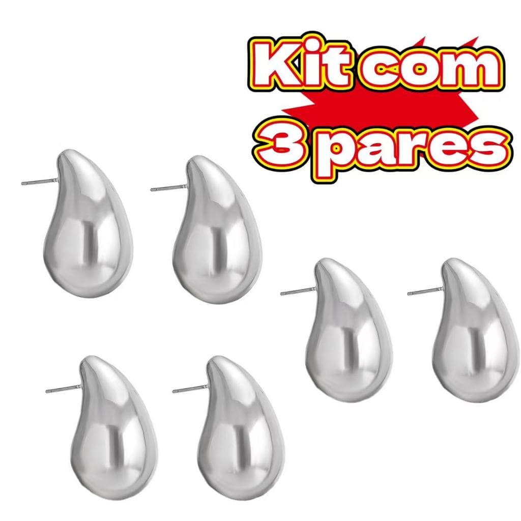 Kit Com 3 Pares Brinco Gota D'Agua Virgula Elegante Dourado ou Prata Folheado Moda Blogueira Brinco Feminino