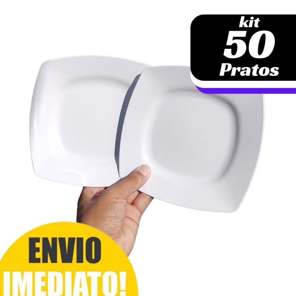 Kit 50 Pratos de Sobremesa Jogo Prato  Branco Resistente Refeição Churrasco Festa Plástico Quadrado