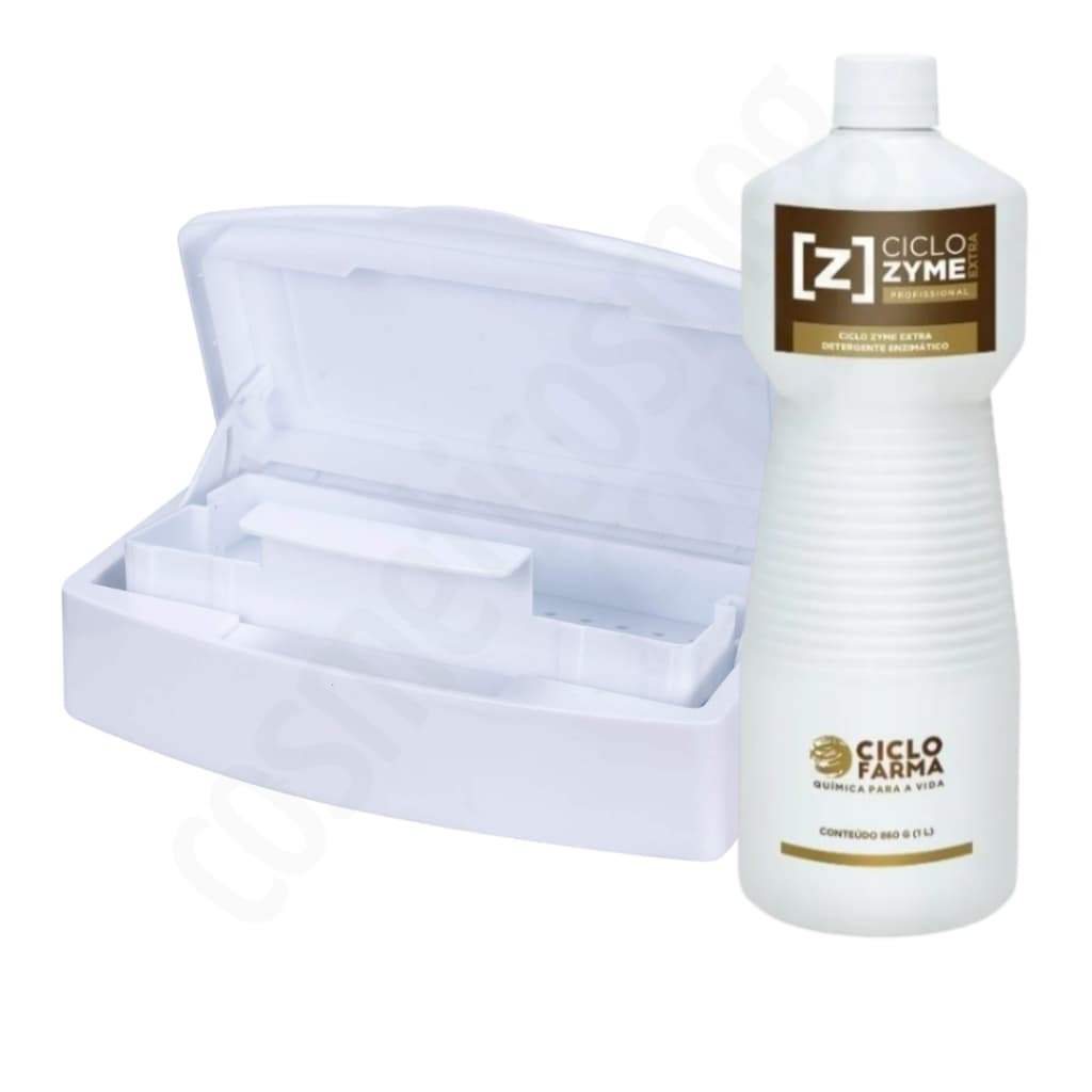 Kit Limpeza Detergente Enzimático + Cuba Imersão, P/ Pinças, Tesouras, Alicates, Design Sobrancelhas